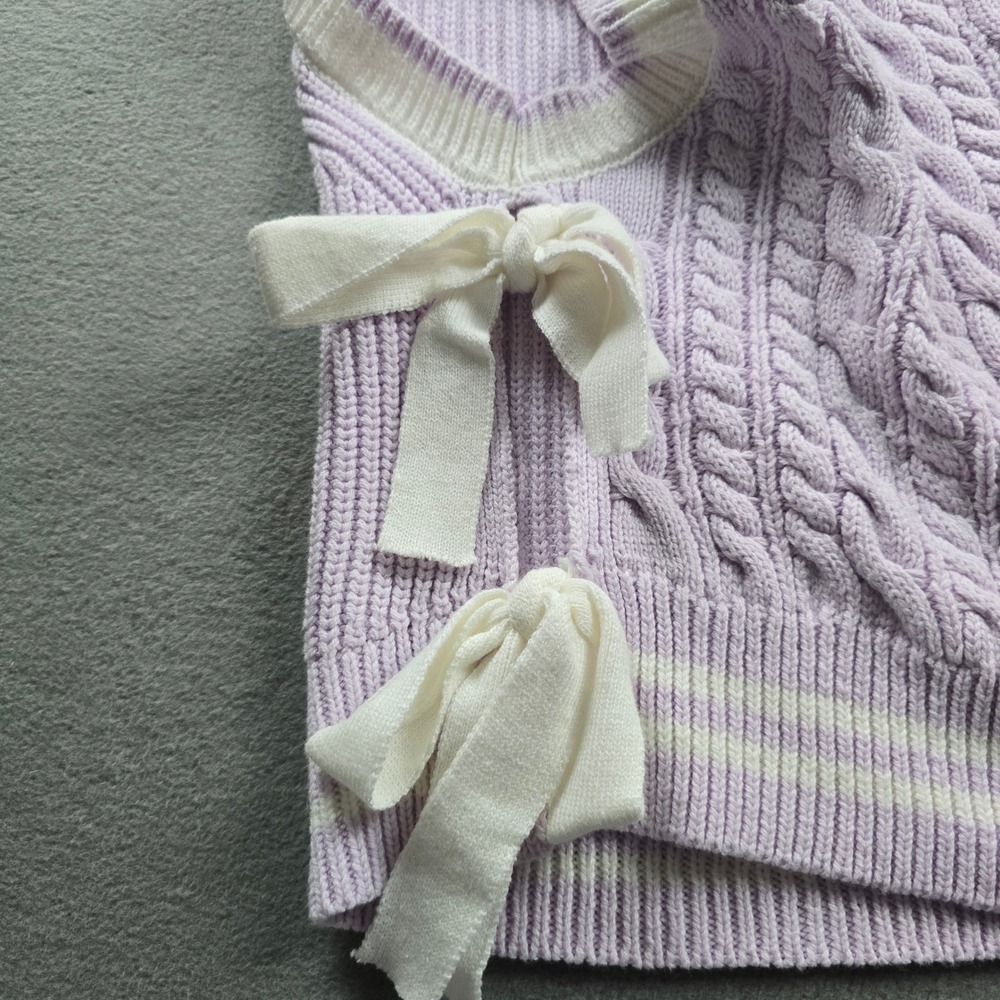Day + Moon Lavender Cable Knit Sweater Vest Side Bow Ties V-Neck Large A2943 - Picture 6 of 8